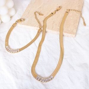 18K GP Cubic Zirconia Snake Chain Stainless Steel Choker Necklace &  Bracelet